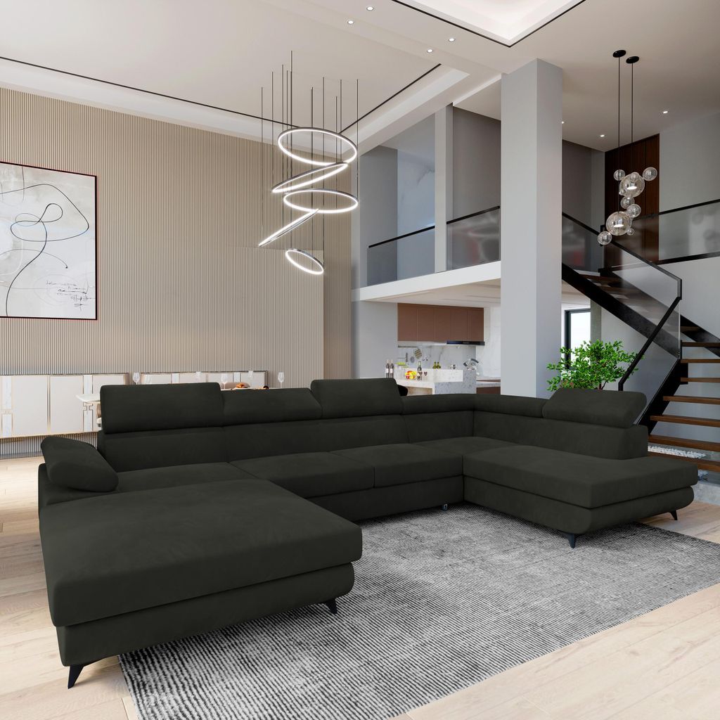 Masseno Ecksofa RUBANO R-S mit Schlaffunktion U-Form, Sofa mit Bettkasten, Wohnzimmersofa, Couch, Soffa, Bettsofa, Couchgarnitur- Schwarz, MONOLITH 95