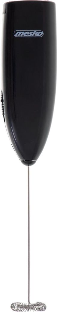 A black electric milk frother on a white background.
