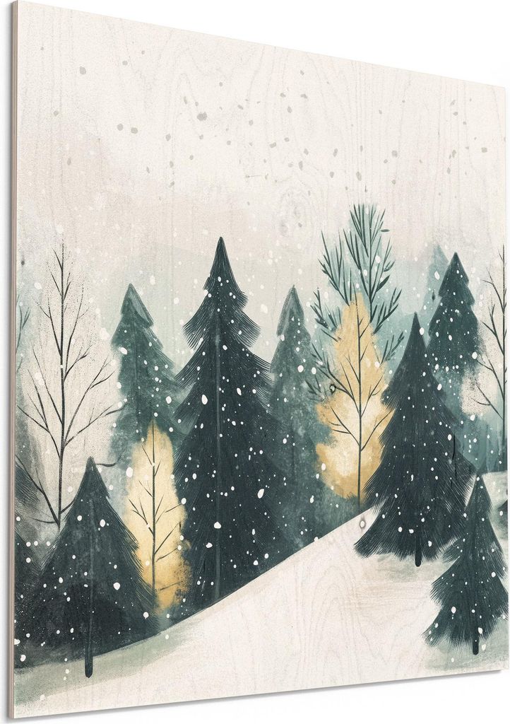 DEQORI Holzbild 50x50 cm 'Winterruhe im Tannenwald' Bild auf Holz Wandbild Kunstdruck