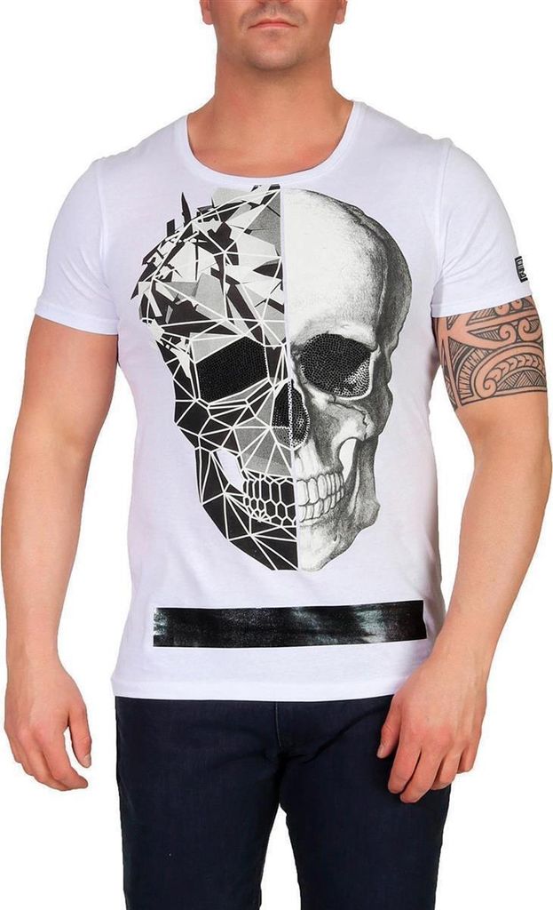 Herren T-Shirt Metall Totenkopf Skelett Slim Fit; Weiß S