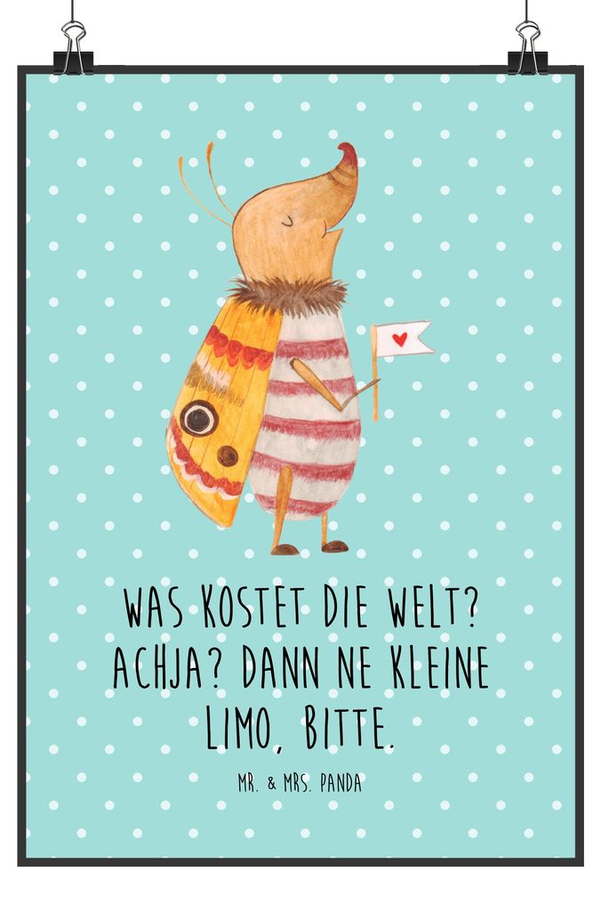 Mr. & Mrs. Panda Bild Nachtfalter Fähnchen DIN A2 - Türkis Pastell - Geschenk, Niedlich, Süß, wanddeko, Küche Deko, Kunstdruck, Lustige Sprüc...