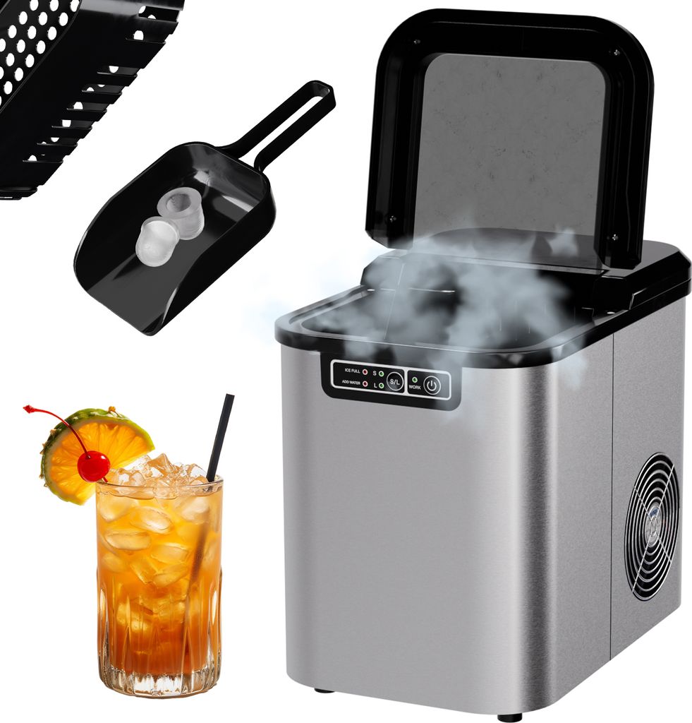 TroniTechnik Eiswürfelmaschine Eiswürfelbereiter aus Edelstahl , Ice Maker, 12kg/24h, 2,2 Liter Wassertank, 2 Größen, Selbstreinigung