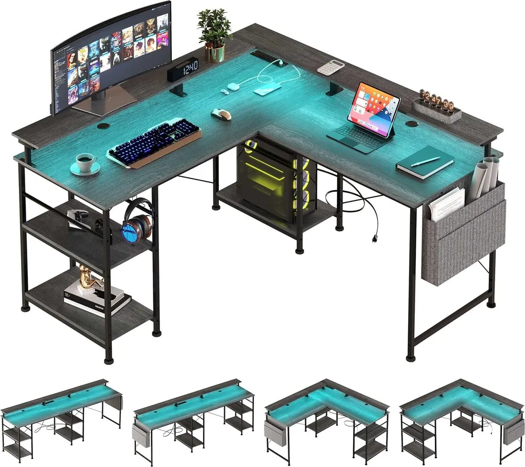Bureau d'Angle Réversible Noir 140cm avec Bande LED et Prises Secteur