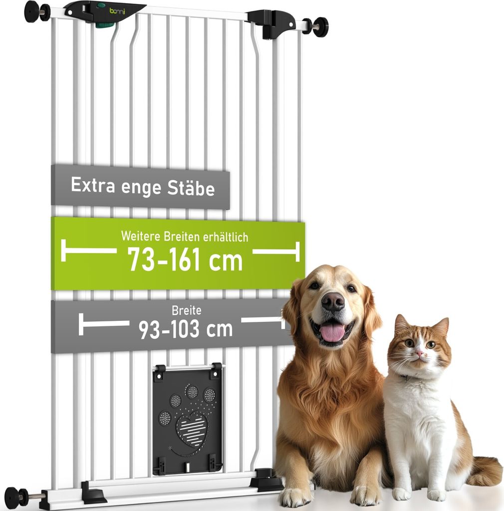 A dog and a cat are shown in front of a white pet gate with text overlays indicating dimensions and features.
