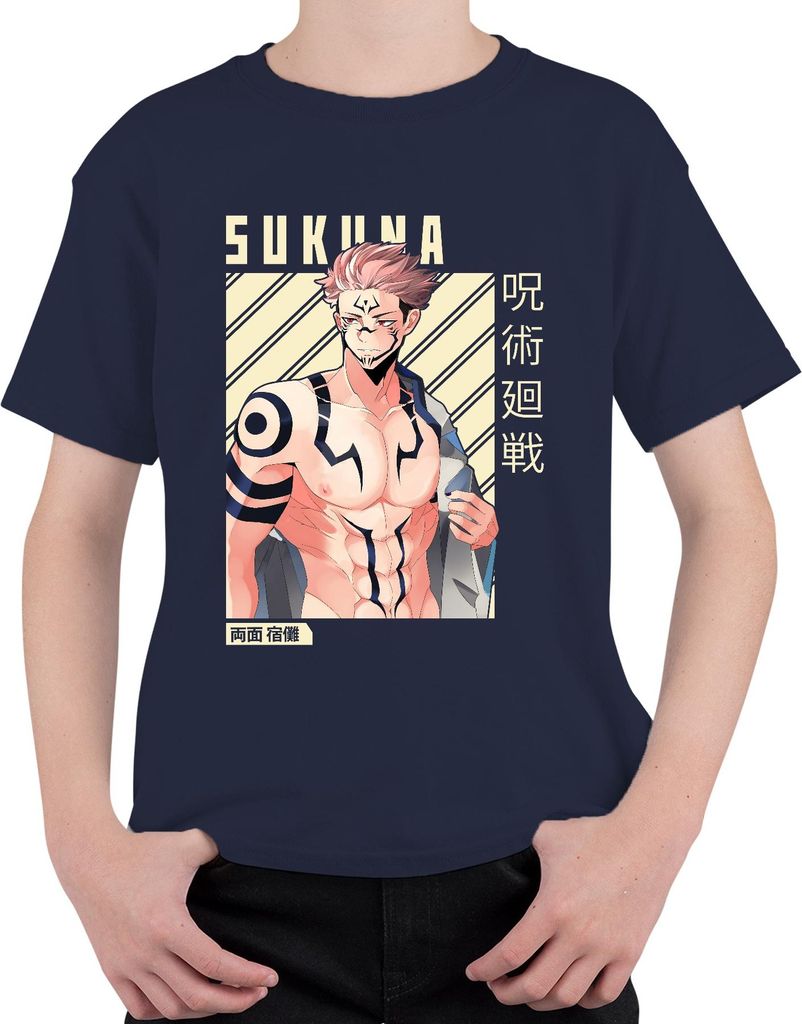 Sukuna Jujutsu Kaisen Fluchkönig Tätowiert Muskel Anime Geschenk Uni Kinder T-Shirt, Navy, 128