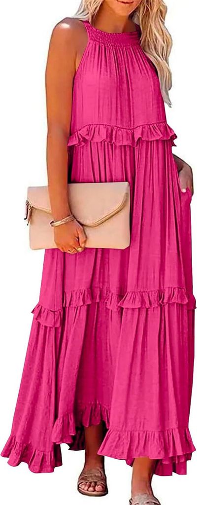 ASKSA Damen Langes Kleid Sommer Big Swing Strandkleid y Kleid Women Cover up Bikini Maxi Beachwear Kleider, Roserot, Groesse: XL