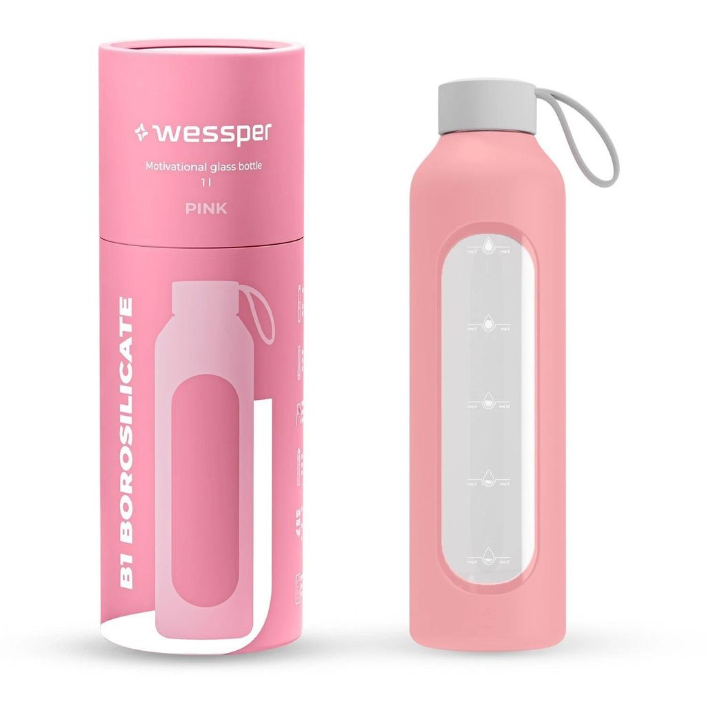 Wessper Glas Wasserflasche 500ml - Borosilikat Mit Zeitmarkierung Rosa