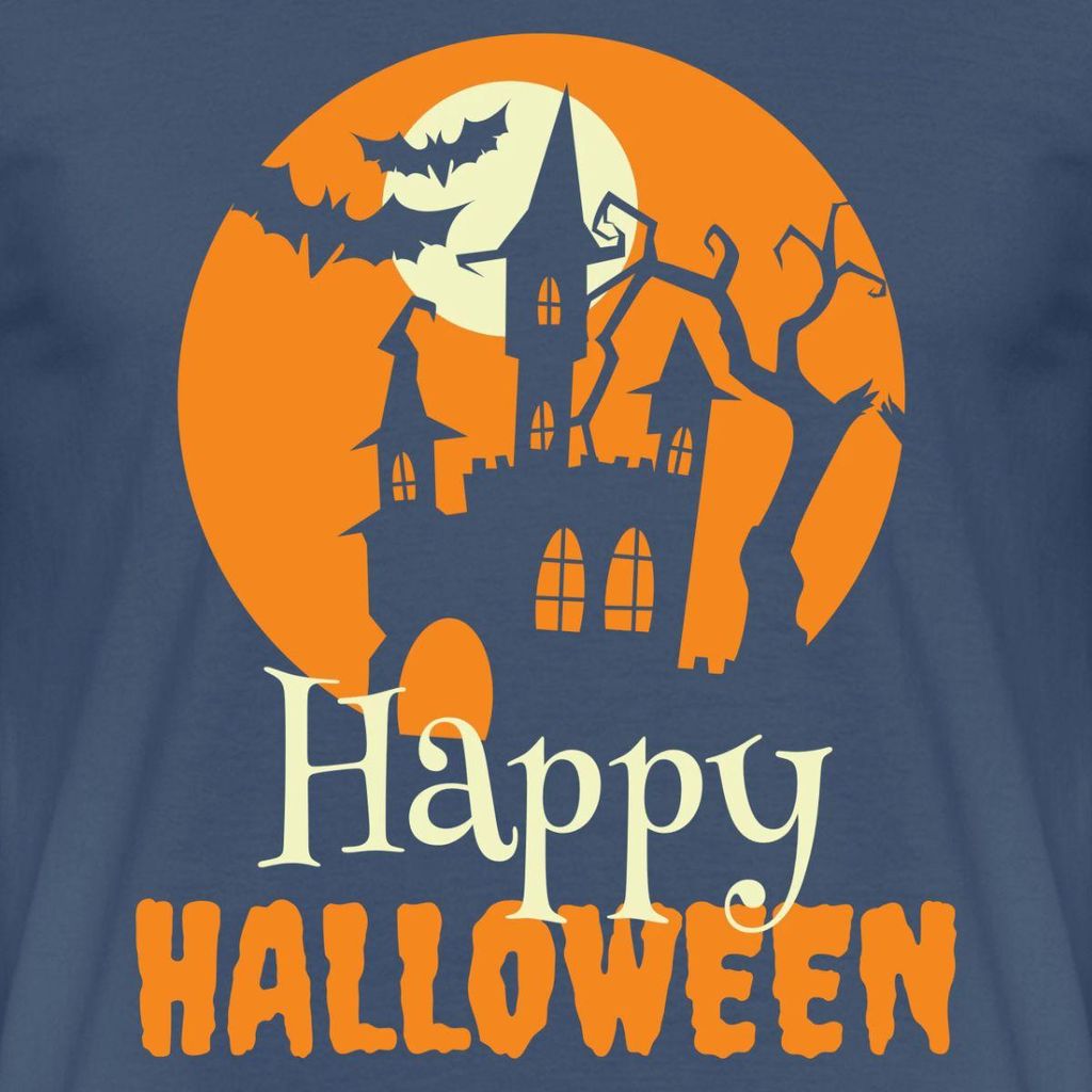 Spreadshirt Happy Halloween Spukhaus Mit Vollmond Und Fledermaus Männer T-Shirt, M, Dunkles Denimblau
