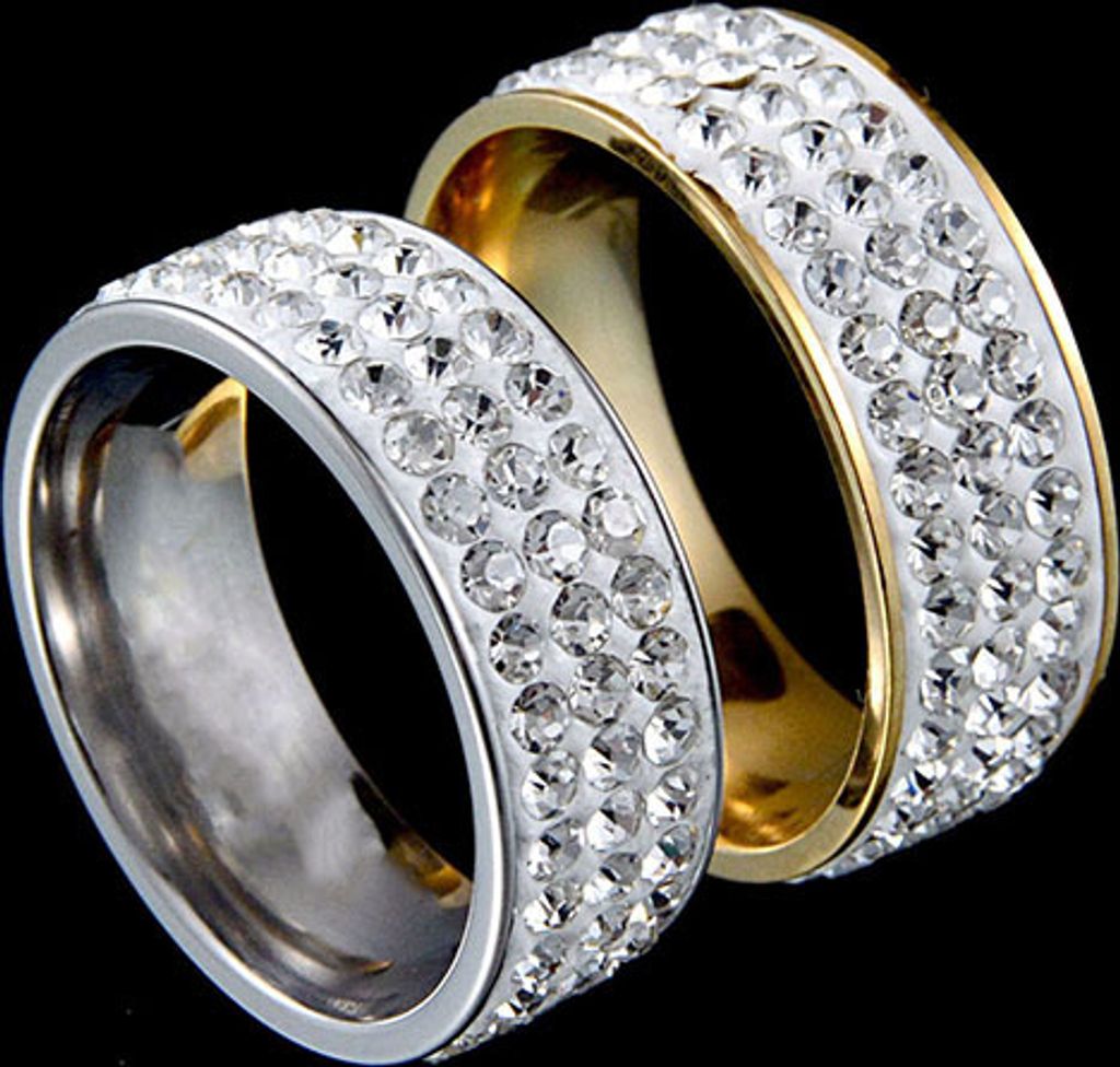 1 Stück Damen Herren Luxus Drei Reihen Strass Paar Geschenk Finger Ehering Ring-Gold und Weiß,US 7