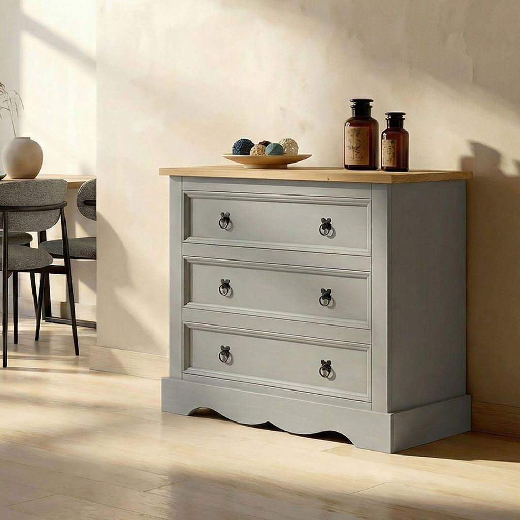 Kommode TEQUILA, Sideboard im Mexiko Stil, massive Kiefer in grau/braun, Buffetschrank Geschirrschrank mit 3 Schubladen