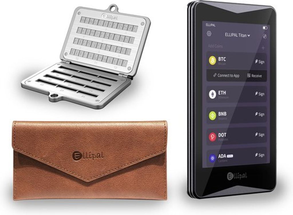 Ellipal Titan 2.0 + Seed Phrase Steel + Leather Case Braun - Vorteilsbündel - Krypto Hardware Wallet set