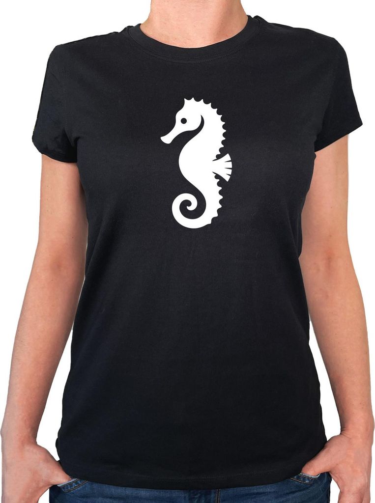 Huuraa Damen T-Shirt Seepferdchen Silhouette S Black Bio Baumwolle Fairtrade Damenshirt Geschenkidee