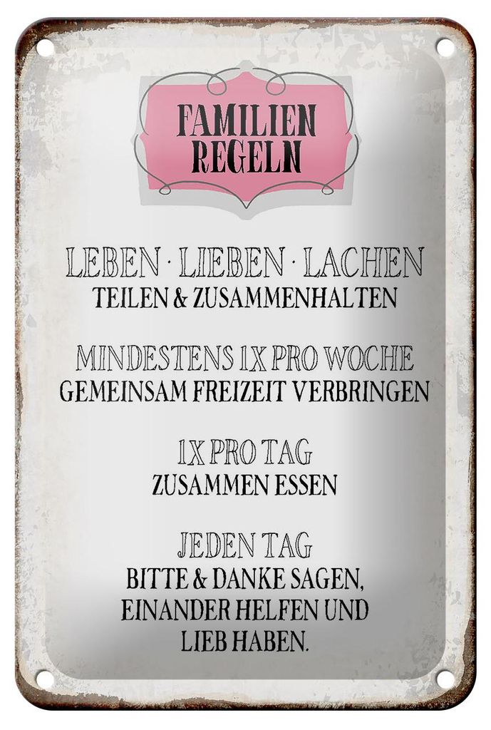 Blechschild Spruch 12x18cm Familien Regeln leben lieben