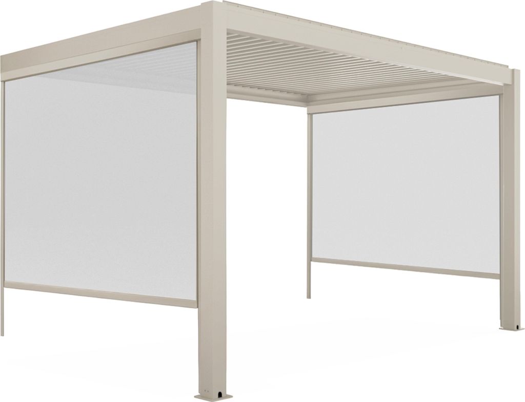Angebautes Pergola (3x4m) und 2 cremefarbene Holzjalousien - Oviala Oia