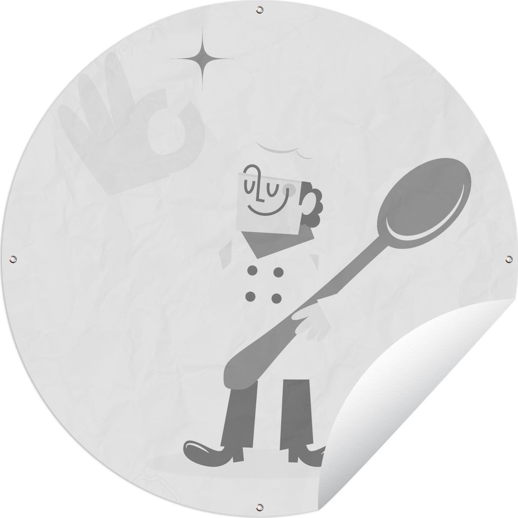 MuchoWow Gartenposter Outdoor-Poster Rund Illustration eines Kochs mit einer riesigen Hand - schwarz und weiß Ø 60 cm Gartendeko Rundes Poster ...