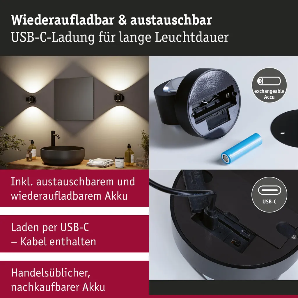 Lampe murale LED rechargeable Paulmann Zorik avec variateur tactile - 7