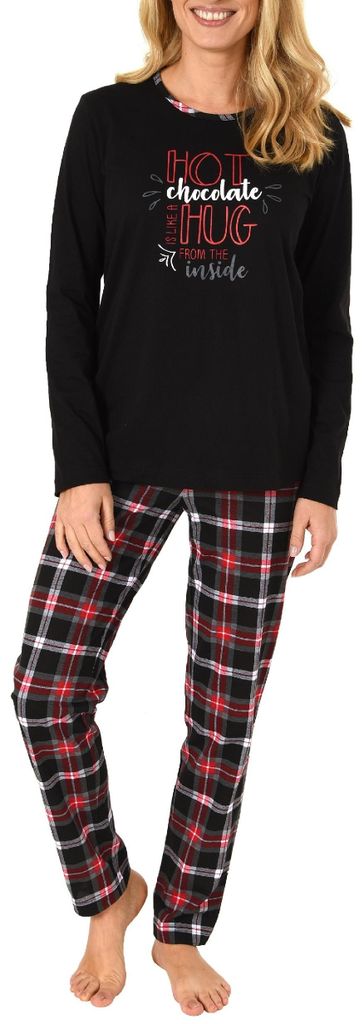 Damen Pyjama lang mit Karohose und Frontprint - auch in Übergrössen bis Gr. 60/62 ; schwarz , 44