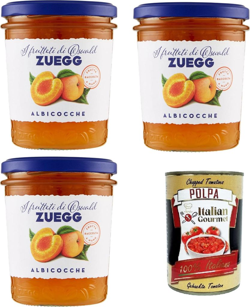 Zuegg I frutteti di Oswald Zuegg Albicocche Die Obstgärten von Oswald Zuegg Aprikosen 3x 320 g+ Italian Gourmet Polpa di Pomodoro 400g
