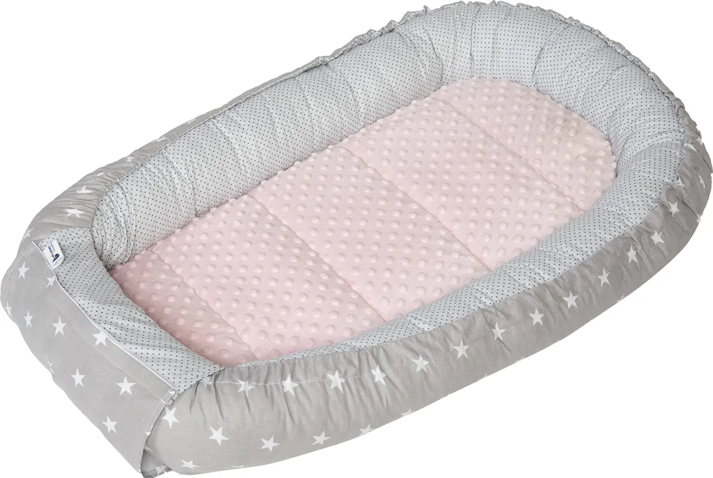 Réducteur de lit bébé nomade gris et rose 100 cm en coton et Minky