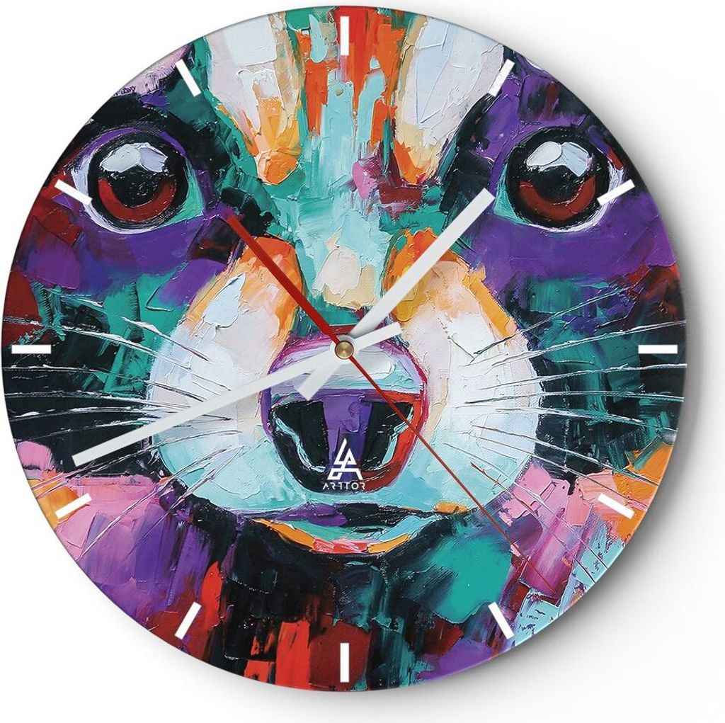 Wanduhr - Rund - Glasuhr - Waschbär Bunt Öl - 30x30cm - Schleichendes Uhrwerk - Lautlos - zum Aufhängen bereit - Dekoration Modern - Wanddekorat...