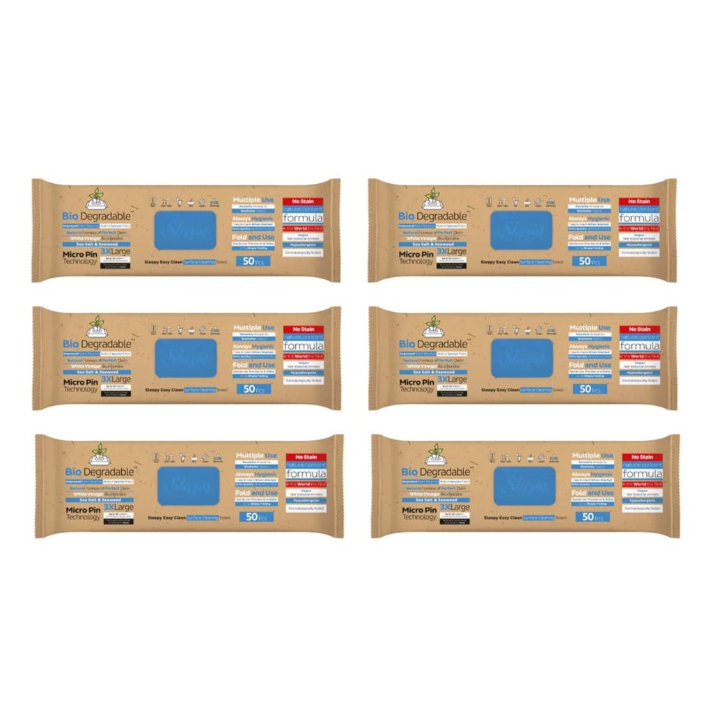 Sleepy Easy Clean Oberflächen und Boden Reinigungstücher 2 in 1 (Blau) mit Meersalz & Meeresalgen - 6 Packungen x 50 Tücher