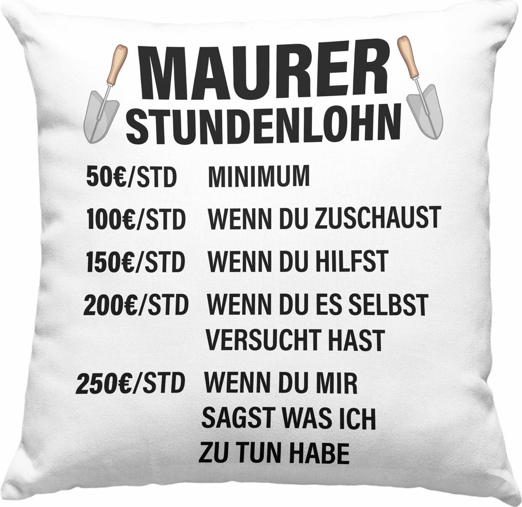 Trendation - Maurer Deko-Kissen mit Füllung 40x40 Geschenk Mit Spruch Maurer Geschenkidee Lustig Männer Deko-Kissen mit Füllung 40x40 Stundenloh...