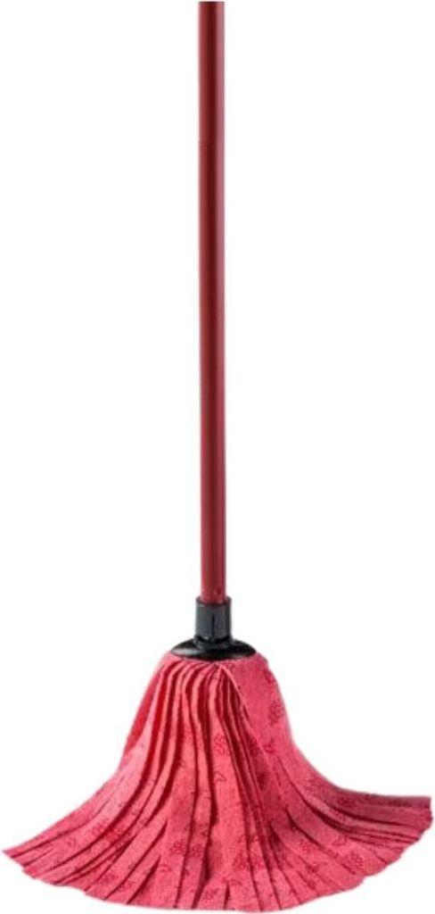A red mop with a red handle against a white background.