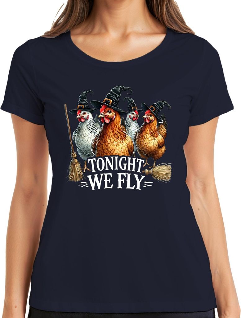 Tonight We Fly Hexenhühner Halloween Hexenhut Besen Spaß lustig Damen T-Shirt, Navy, 3XL