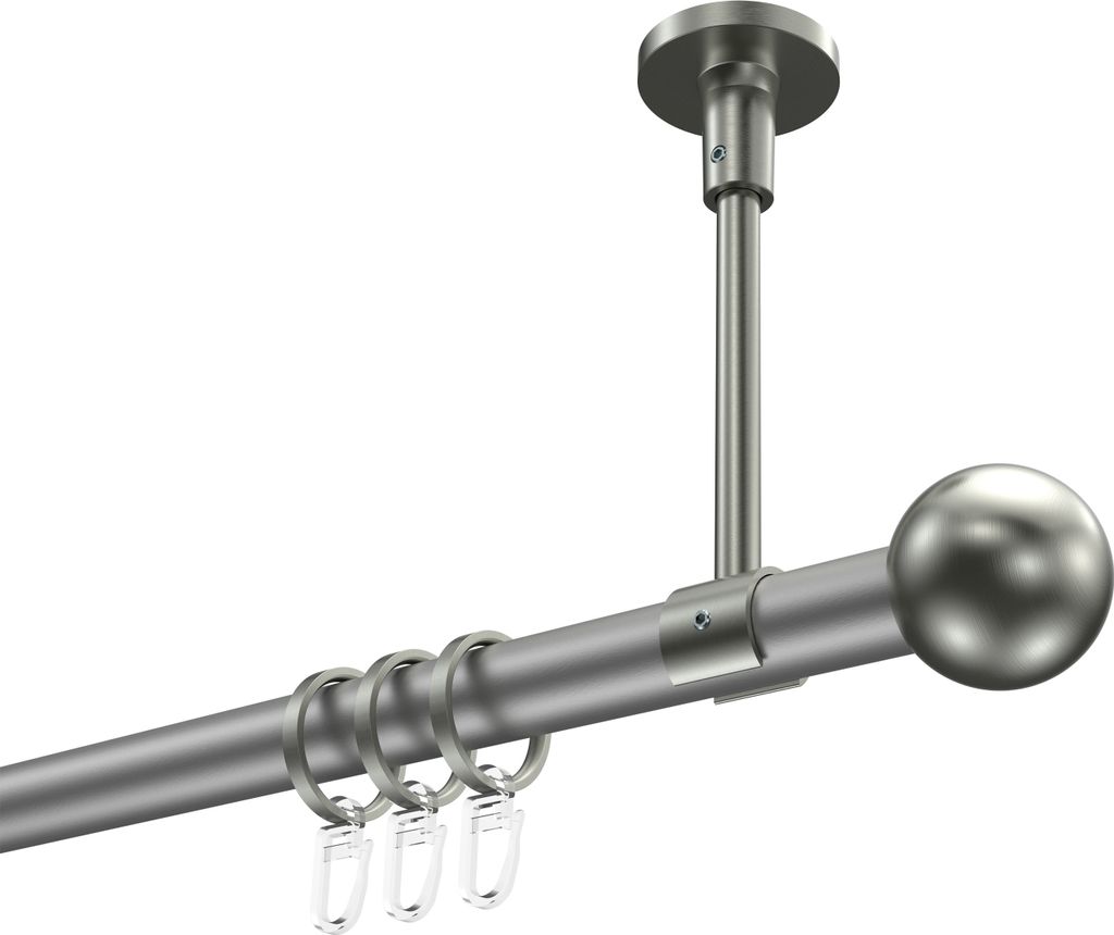 Interdeco Gardinenstange / Vorhangstange Silbergrau / Edelstahl-Optik, Typ Sonette Luino (Kugel) Deckenmontage, 20 mm Ø 1-läufig, 160 cm