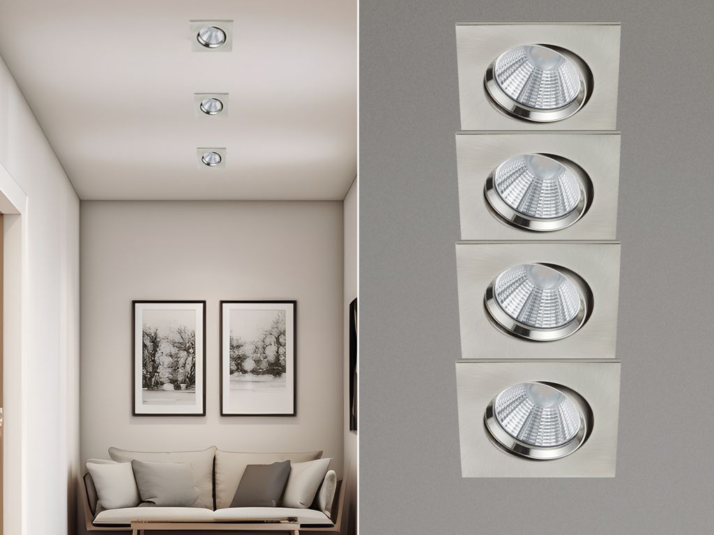4er Set LED Einbaustrahler Decke eckig schwenkbar dimmbar Nickel matt 5,5W