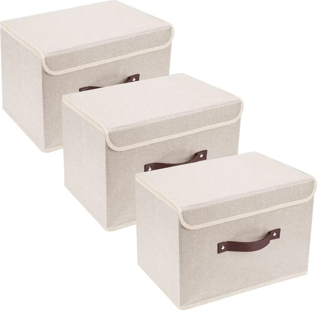 Solution de rangement anti-poussière : boîte textile beige transparente