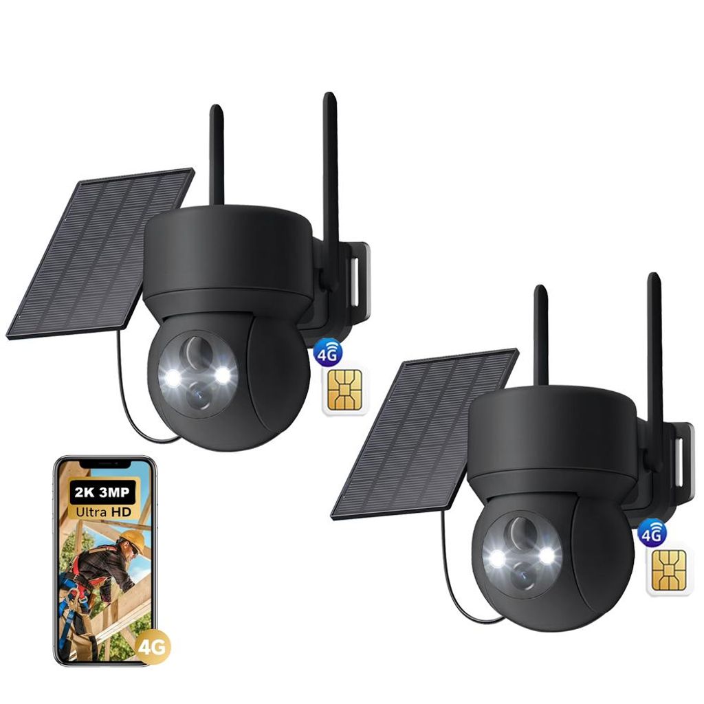 2 Stück 4G LTE Überwachungskamera Aussen Solar Akku mit SIM Karte Kabellos IP Kamera Outdoor Ohne WLAN 360° PTZ mit PIR Erkennung Farb-Nachtsicht