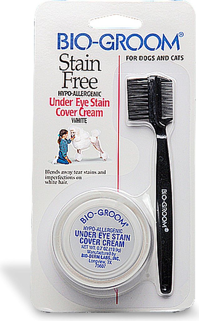 A product package for Bio-Groom Stain Free Under Eye Stain Cover Cream for dogs and cats.