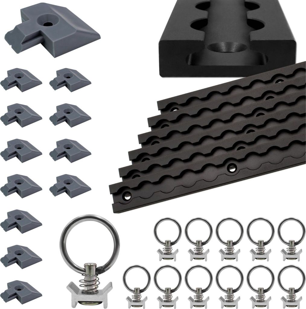 Airlineschiene eckig Aluminium 1,5 m, 6er Set - schwarz eloxiert mit 12 Zurrösen & 12 grauen Endkappen