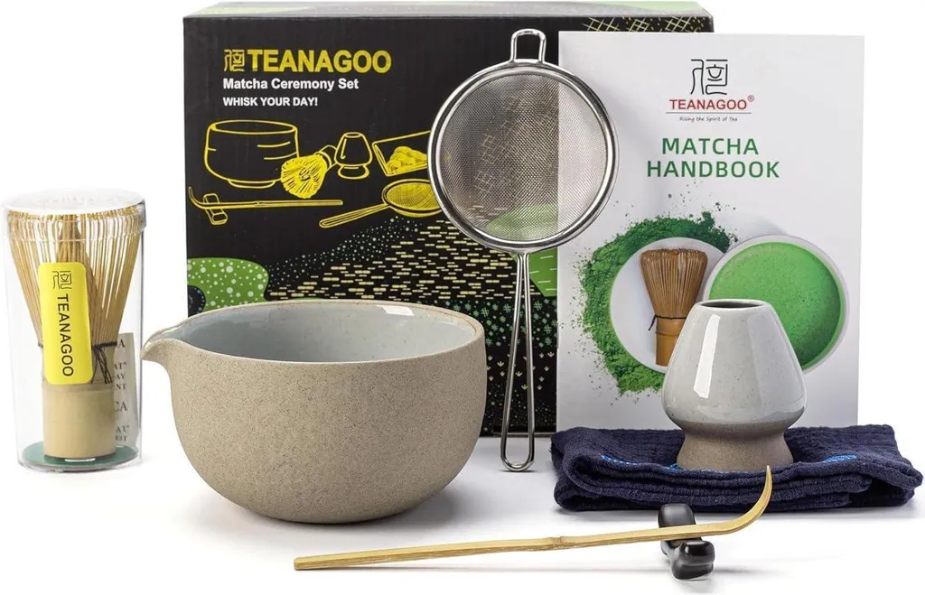 Set de thé Matcha complet 7 pièces avec fouet en bambou et bol gris foncé