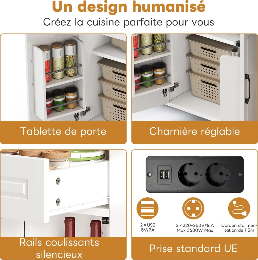 Desserte de Cuisine Mobile avec Buffet de Rangement et Prises USB