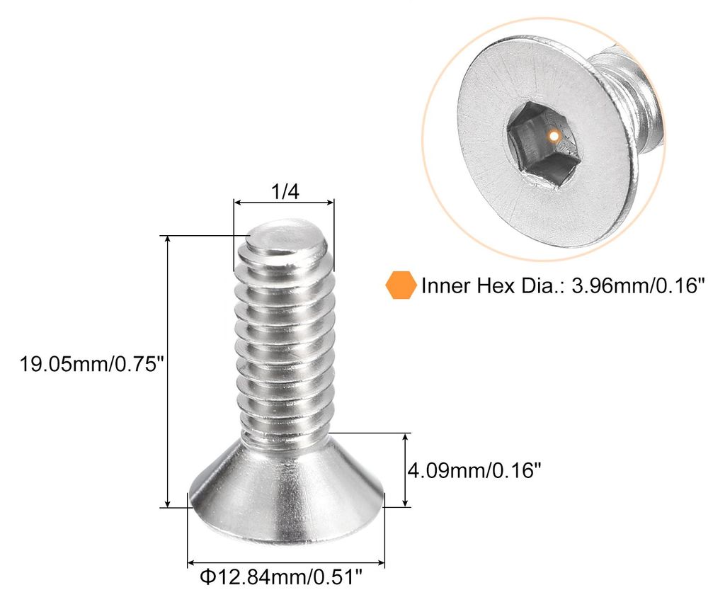 20Stk 1/4-20x3/4" Flach Senkkopf Steckdose Kappe Schrauben 304 Edelstahl Sechskant Steckdose Flachkopf Schrauben Senkkopf Bolzen