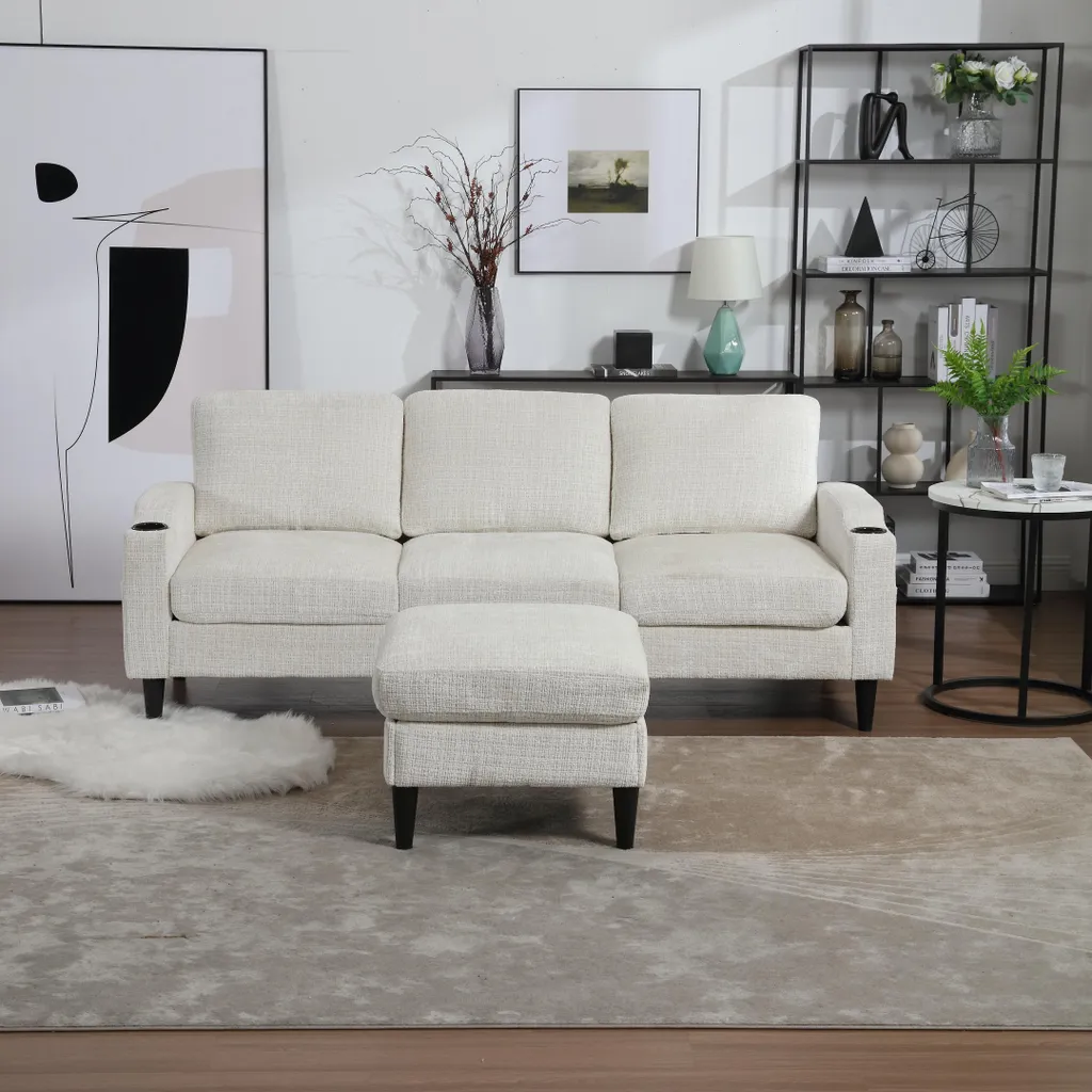 Canapé 4 Places Convertible avec Rangement et Porte-Gobelets Beige
