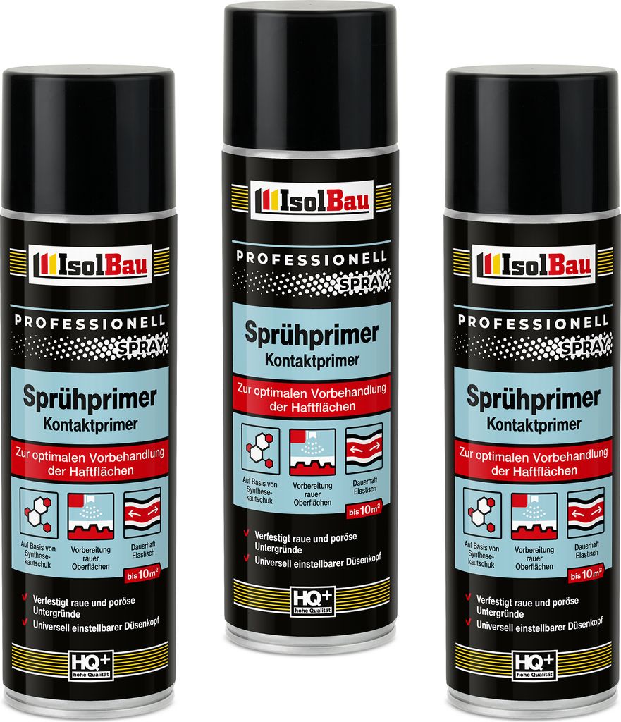 Isolbau Sprühprimer - 3 x 500 ml Kontakt-Primer zur Vorbehandlung der Haftflächen - Haftvermittler für Glas, Holz, Metall, Mauerwerk, PVC, Beton...