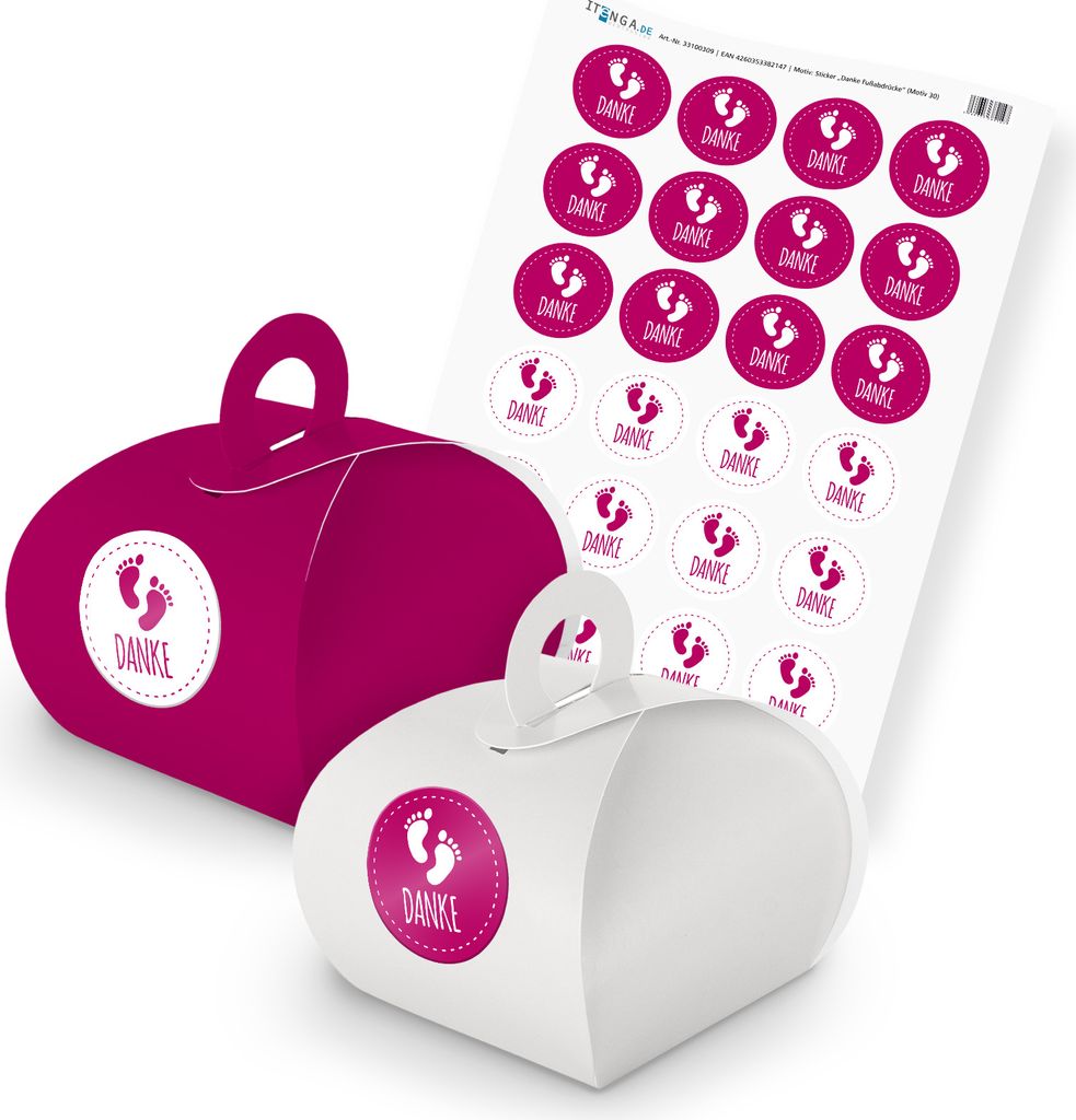 itenga SET Danke Fußabdrücke (Motiv 30) 24x Geschenkschachtel mit Griff pink wei