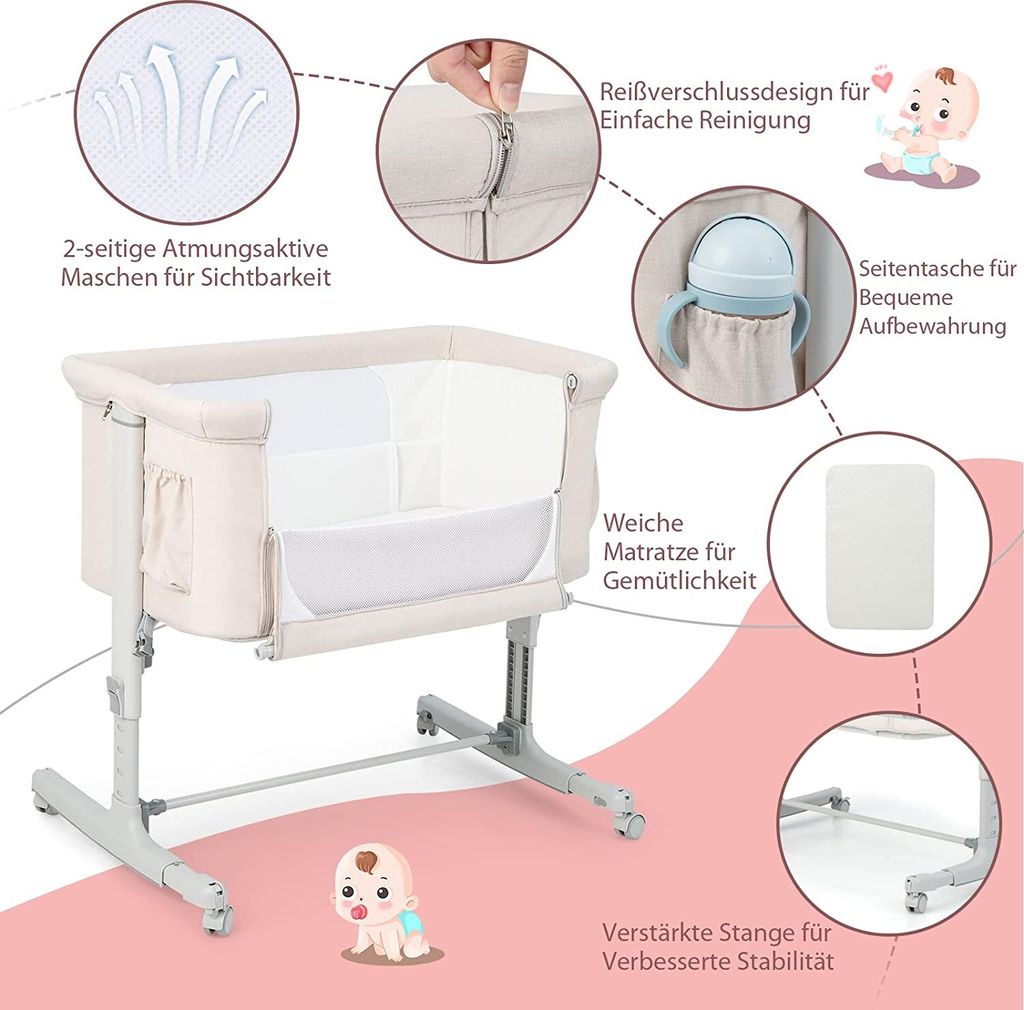 COSTWAY 3 in 1 Beistellbett & Babywiege & Reisebett, Produktbild 6