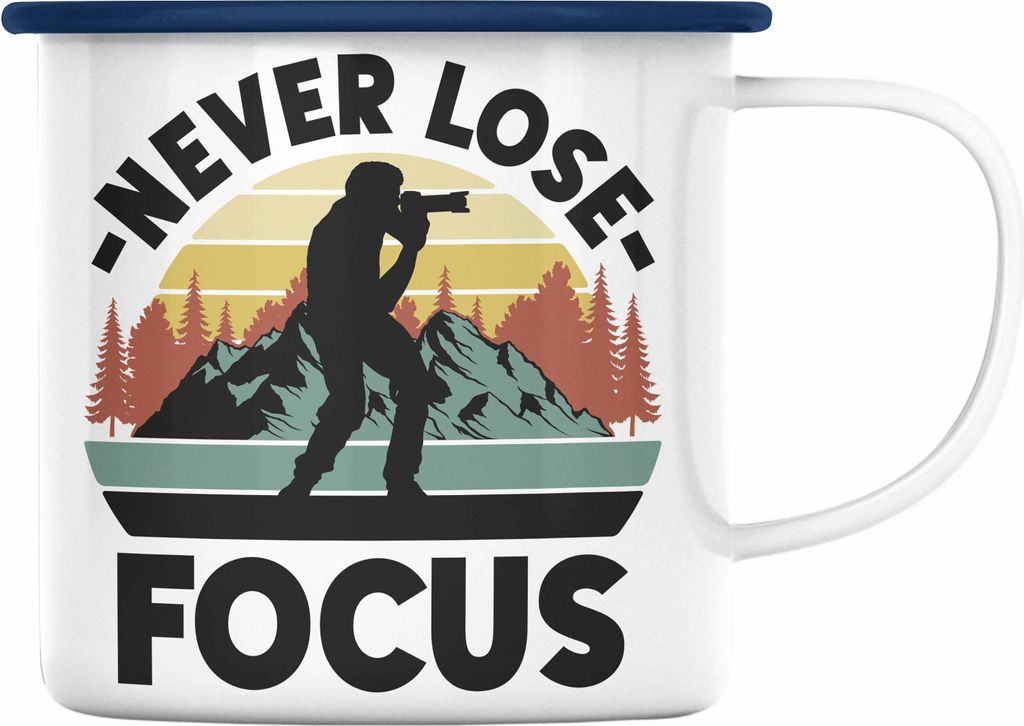 Trendation - Fotograf Emaille Tasse Zubehör Lustig Fotografie Geschenk Fotografieren Emaille Emaille Tasse Geschenkideen Grafik Insider Focus (Blau)