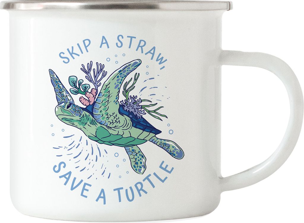 Skip A Straw Save A Turtle Emaille Tasse Strohhalm Plastik Schildkröte Meere Ozean Natur Umwelt