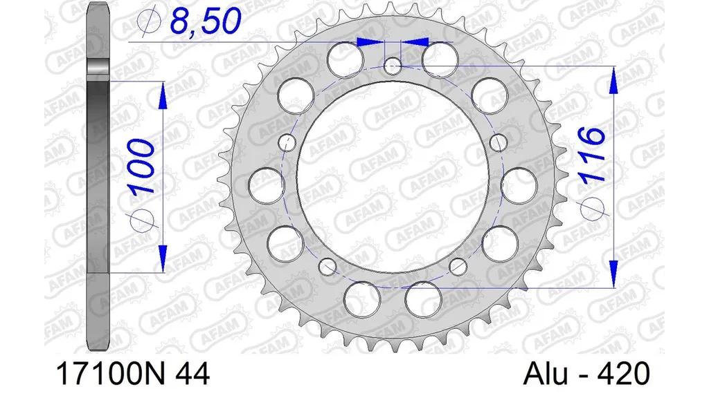 Couronne Alu AFAM 420 44 Dents Argent 17100N-44 pour Moto et Cyclo