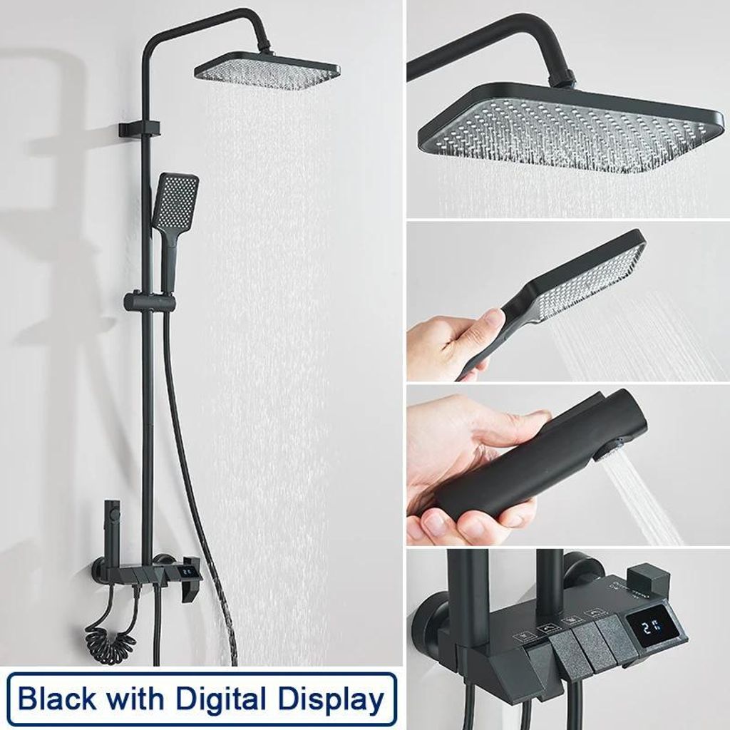 Duschsystem - Regendusche Set Mit Digitaler Anzeige - Höhenverstellbar Schwenkbar - Einhebelmischer Warm/Kalt - Keramikkartusche - Schwarz