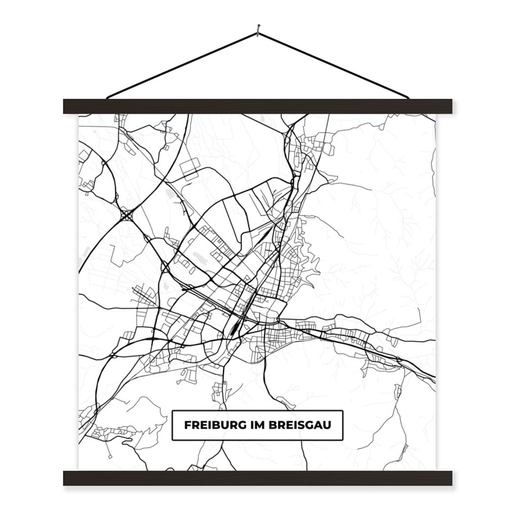MuchoWow Textilposter Freiburg im Breisgrau - Karte - Stadtplan - Wegbeschreibung 60x60 cm mit schwarzem Rahmen - Posteraufhänger