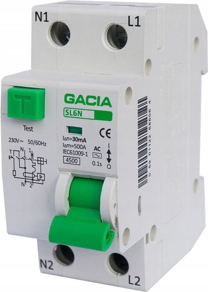 A close-up studio shot of a GACIA SL6N residual current device (RCD) or circuit breaker.
