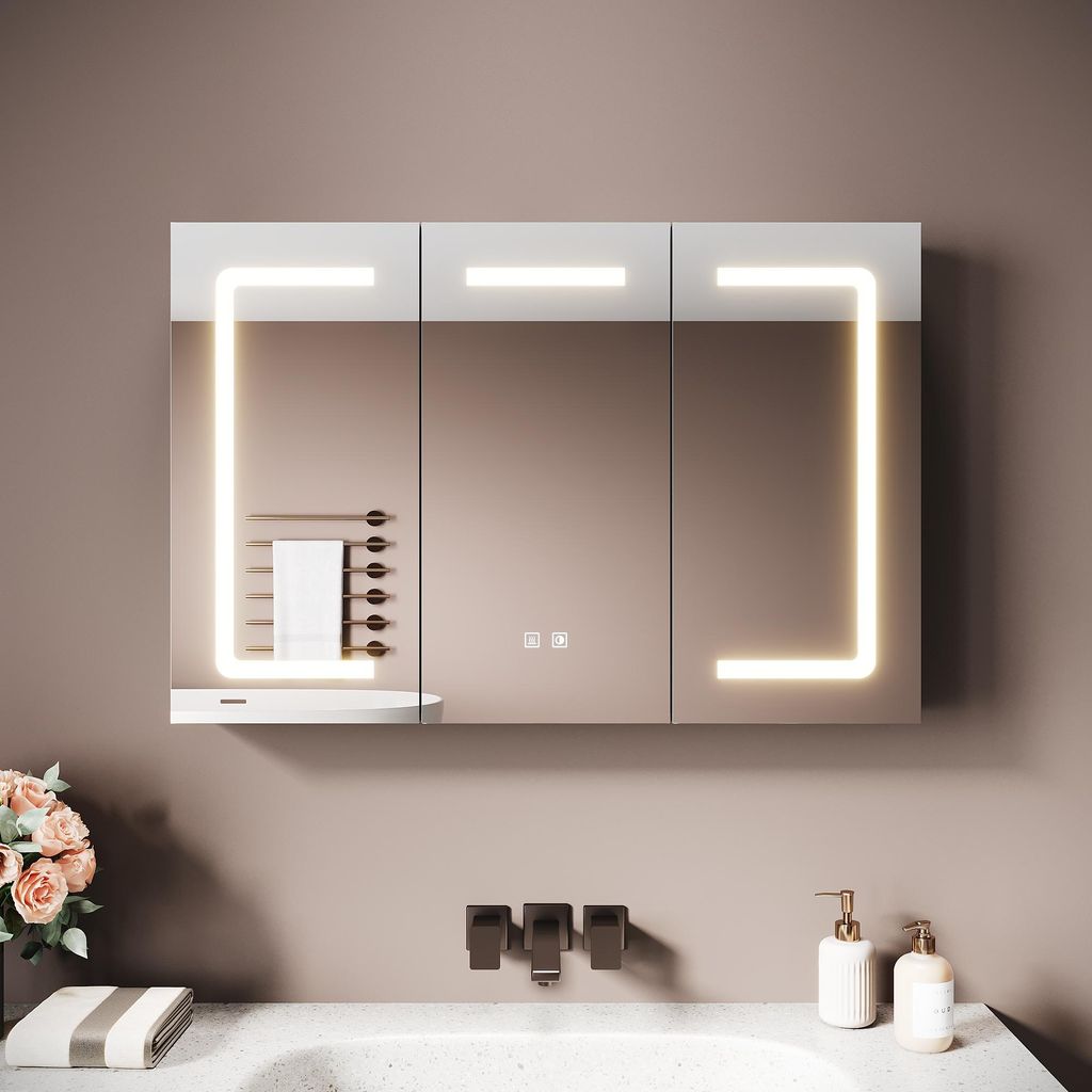 SONNI 90 x 60 x 12,5 cm Dreitüriger Spiegelschrank aus Holz Produktbild 