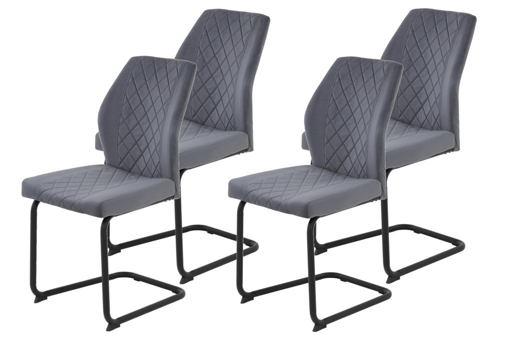 Hela Tische, 4er Set Freischwinger Oslo Bezug Samt Grau, Rundrohr Gestell Schwarz, Lehne mit Rautensteppung, ergonomischer Rücken, 140kg belastbar