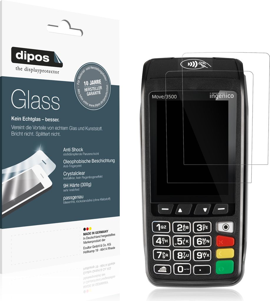 2x Schutzfolie für Ingenico Move 3500 - Anti-Shock 9H Folie dipos Glass Kunststoffglas
